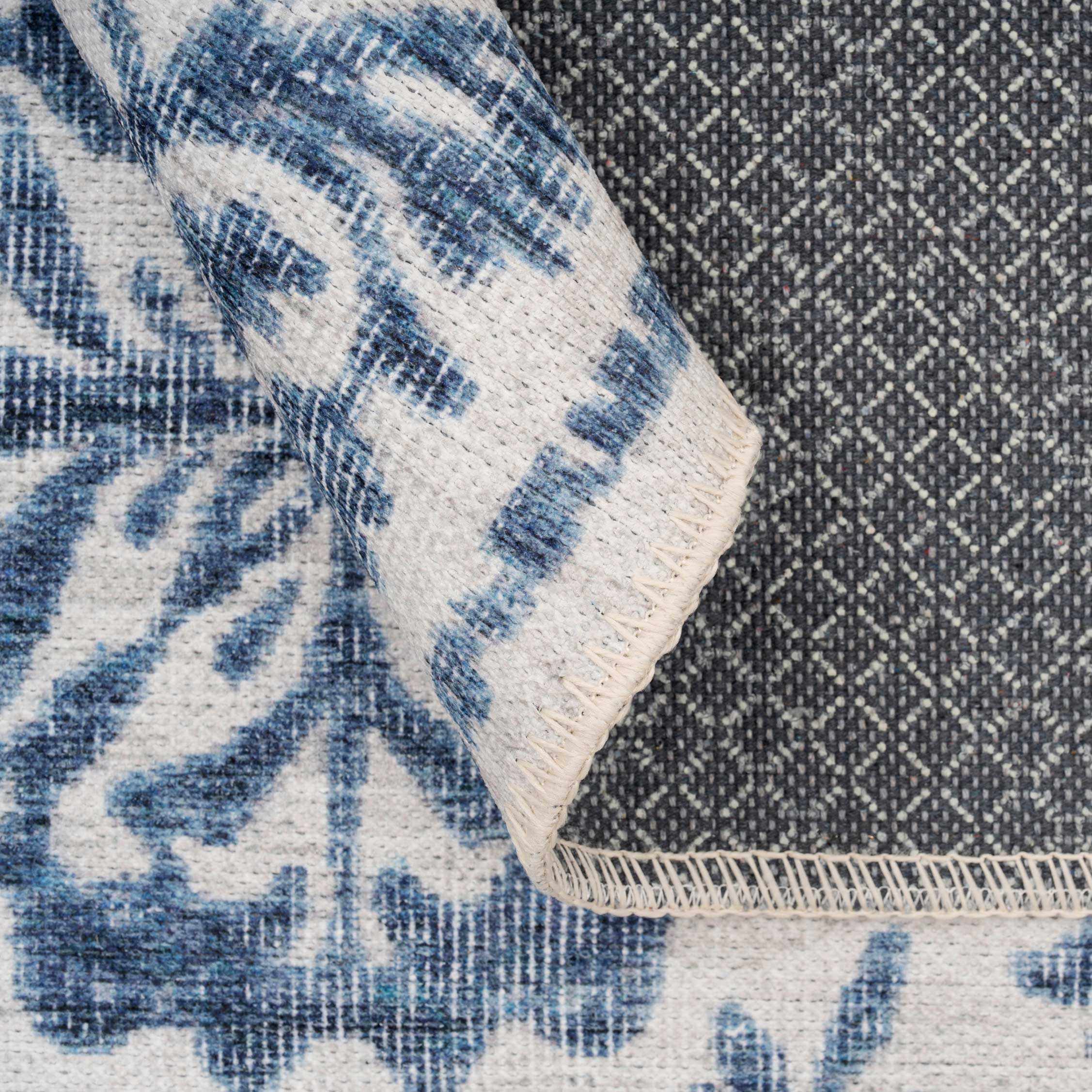 Flatwoven Washable Distressed Blue Damask Runner - Bala - Image 5