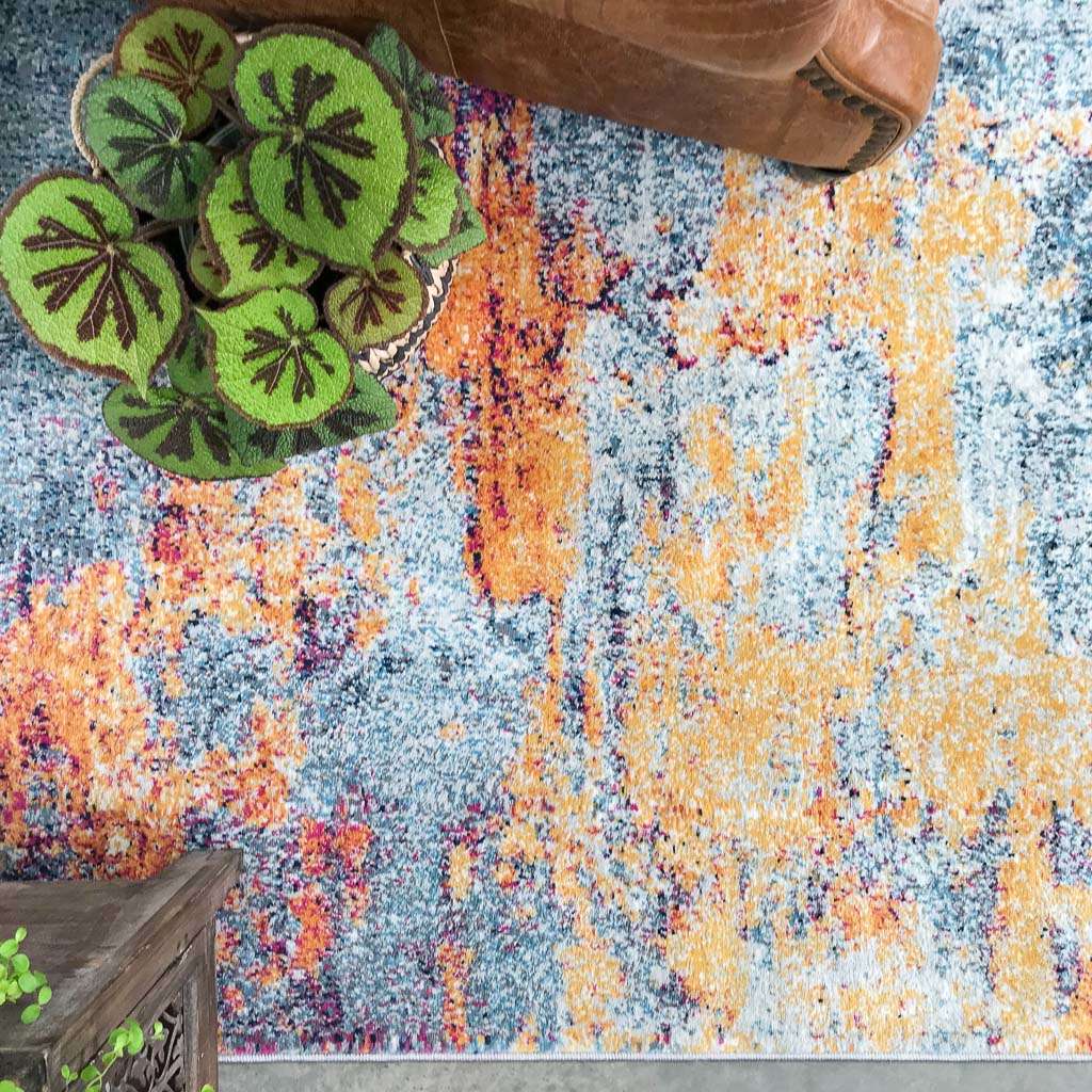 Gold Blue Distressed Living Room Runner Rug - Image 5