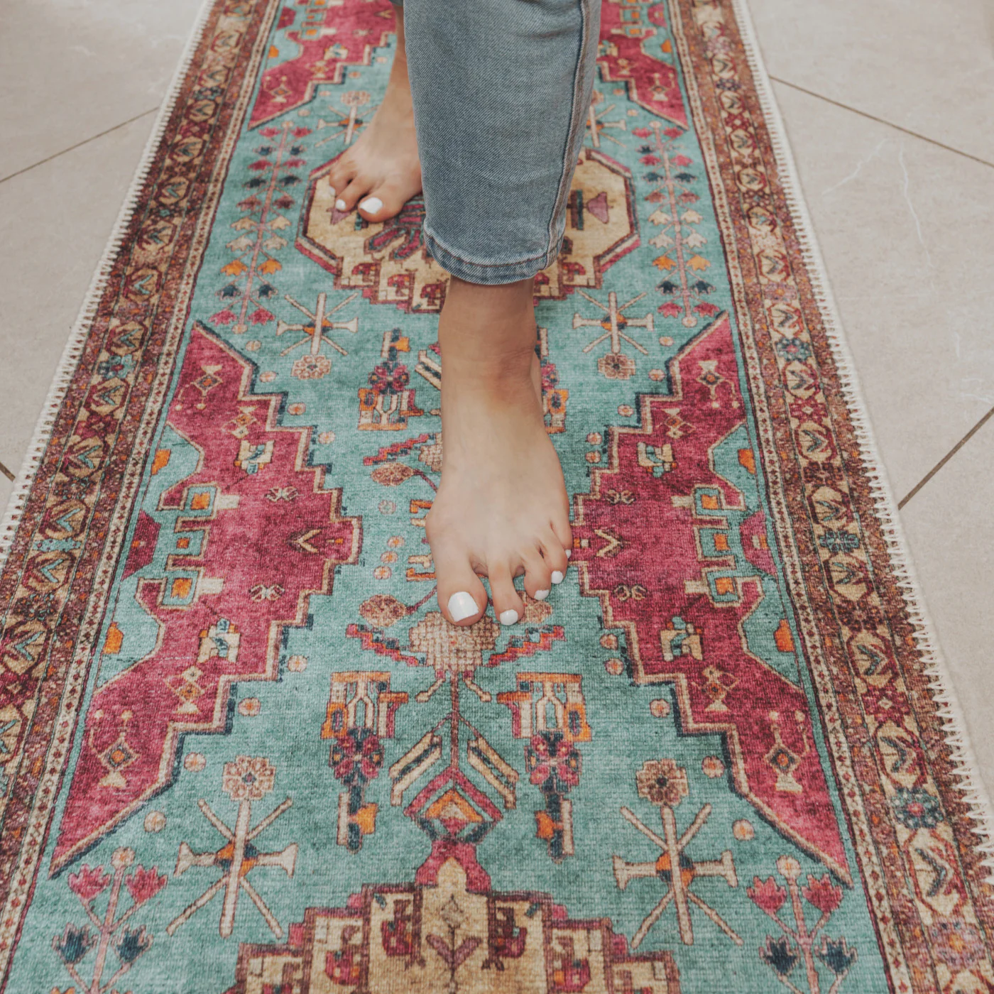 Flatwoven Washable Vibrant Teal Pink Boho Runner - Clarissa - Image 3