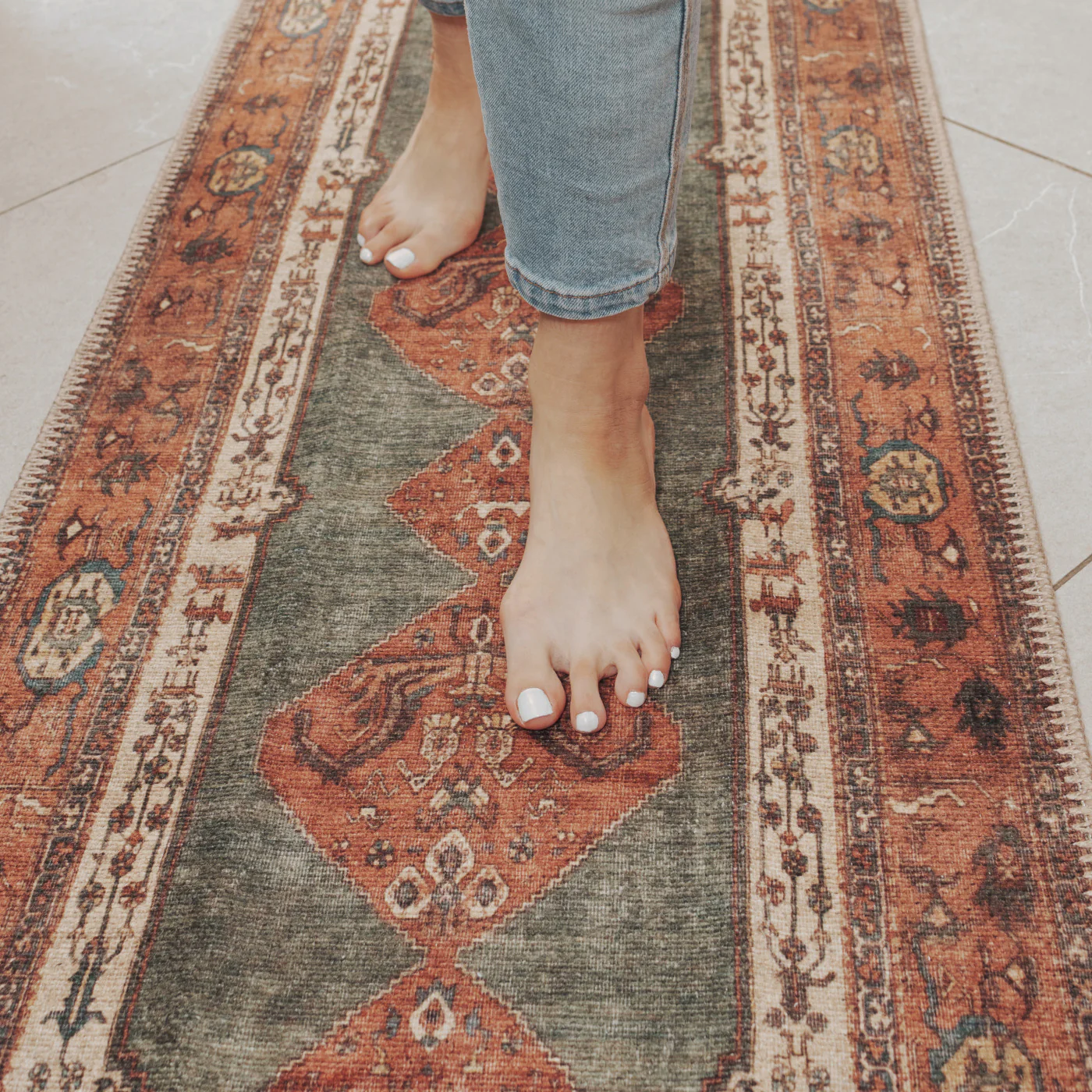 Flatwoven Washable Distressed Terracotta Green Boho Runner - Faro - Image 3